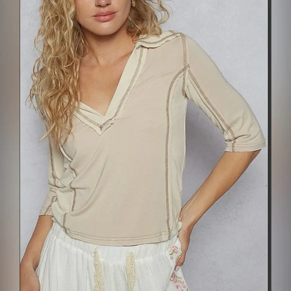 Pol Women's Beige V-Neck Top NEW S M L - Picture 2 of 3